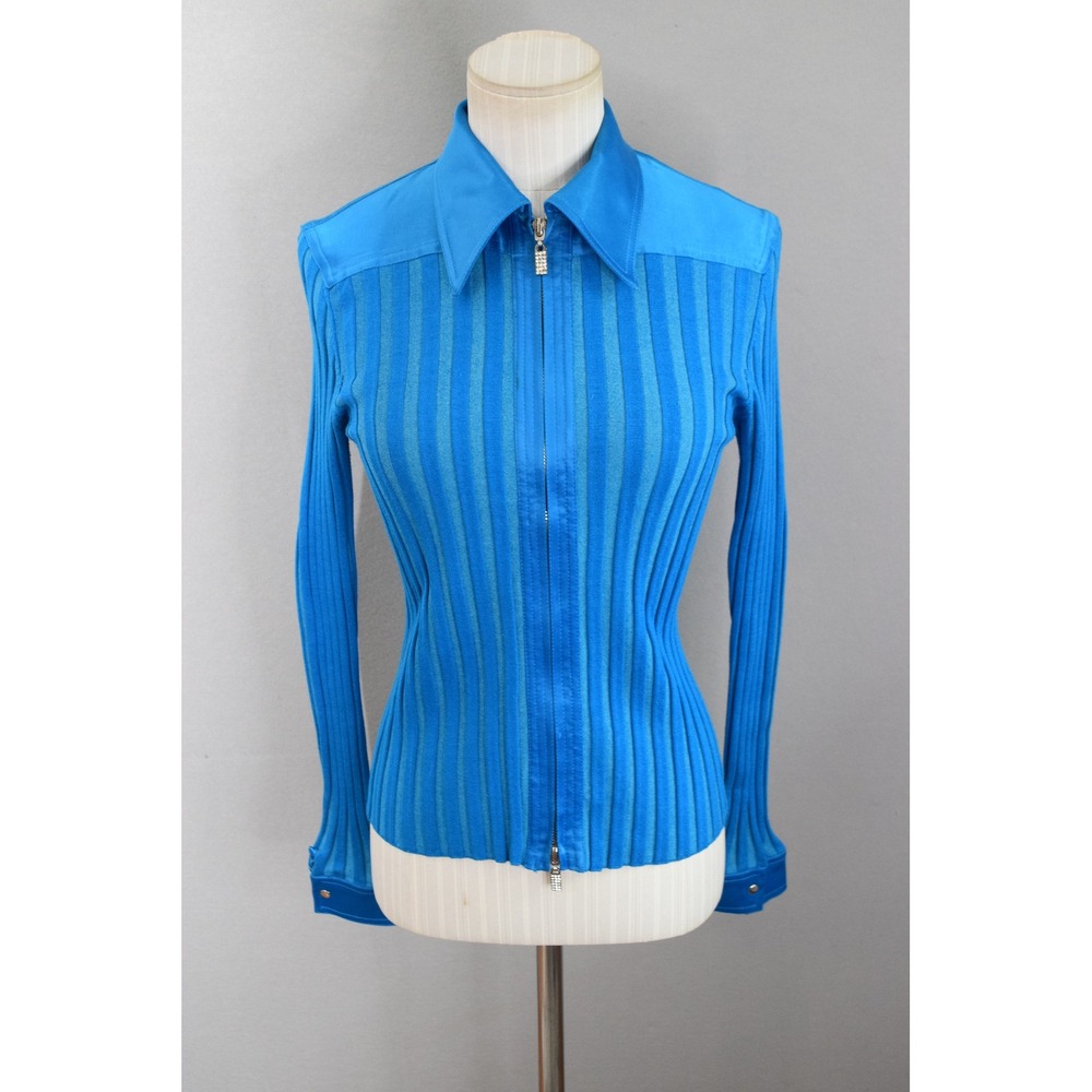 Cache Zip Front Top Small Blue Silk Ribbed Knit Rhinestone Y2K Women READ